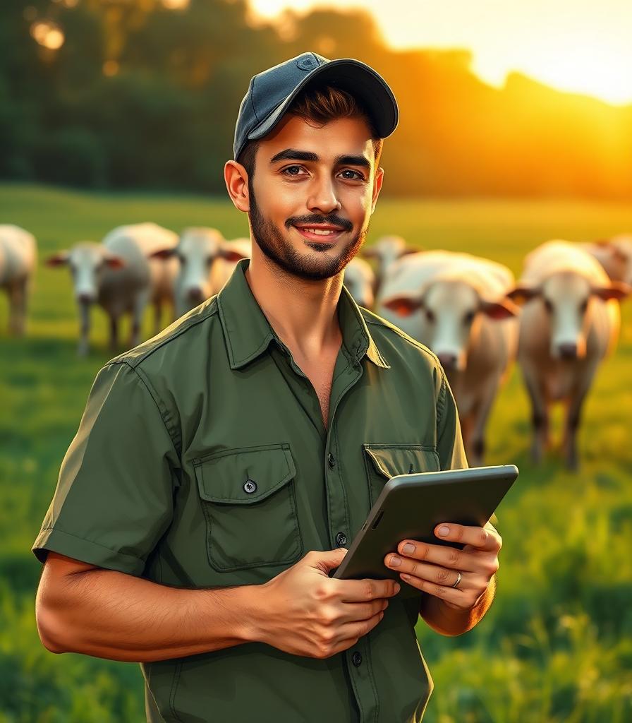 Ilustração do Davi, jovem analista de dados com tablet em meio à pastagem