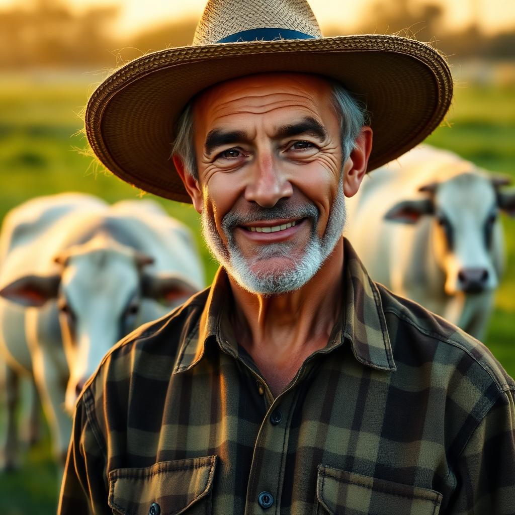 Ilustração do Professor Pastagem, agrônomo brasileiro com chapéu de palha em meio à pastagem